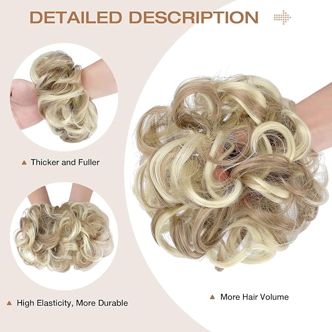 Messy Bun Hair Piece Wavy Curly Scrunchies Fluffy Donut Thick Updo Elegant Chignon Hairpieces for Women Girls, Dark Ginger Blonde Mix Bleach Blonde 1.4oz