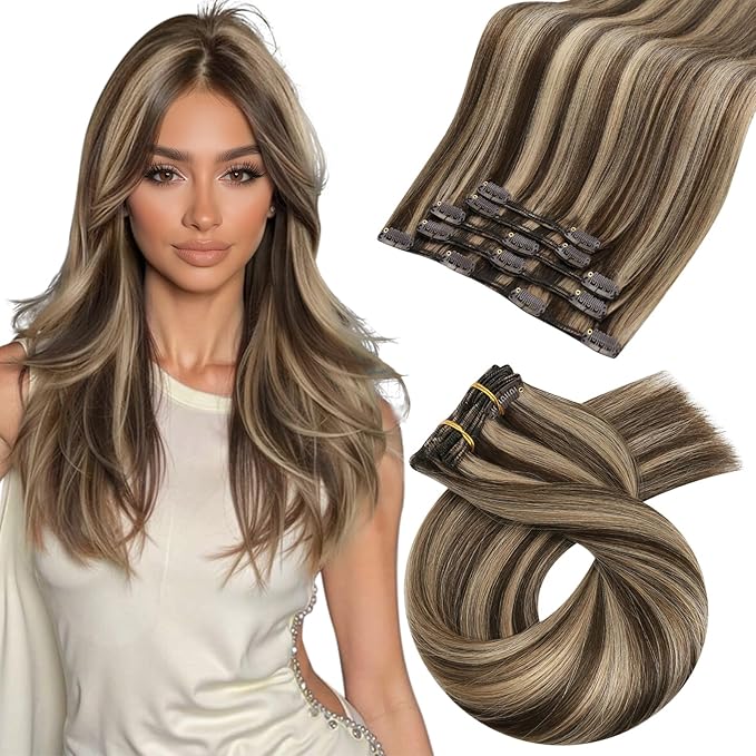 Moresoo Remy Hair Extensions Clip ins Dark Brown with Blonde Highlights Clip in Extensions Real Human Hair Dark Brown with Caramel Blonde Double Weft for Short Human Hair 80g/5pcs 14 inch
