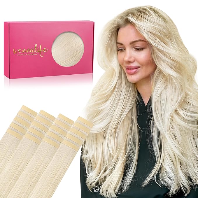 WENNALIFE Tape in Hair Extensions Human Hair, 20pcs 40g 12 inch Platinum Blonde Remy Hair Extensions for Women Tape Ins Straight Extensiones De Cabello Humano Skin Weft