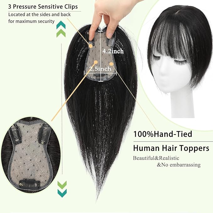 Hair Toppers for Women Real Human Hair, 360°3D Bangs Clip Human Toppers for Women with Thinning hair Realistic Scalp Line (Brown Black, 3D Wispy Bangs(11 * 7))