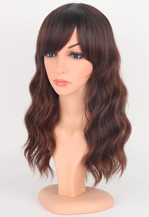 Brown Wavy Wigs For Women Synthetic Wigs With Bangs For Daily Use 16 Inch(Ombre Brown)