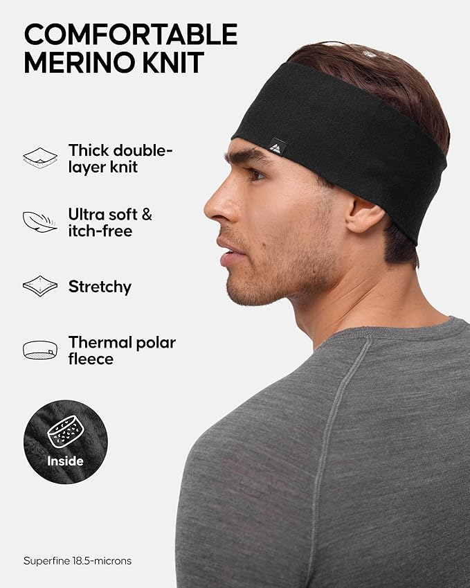 DANISH ENDURANCE Merino Wool Headband, with Thermal Inner Fleece, for Men and Women, Unisex, Black, M/L