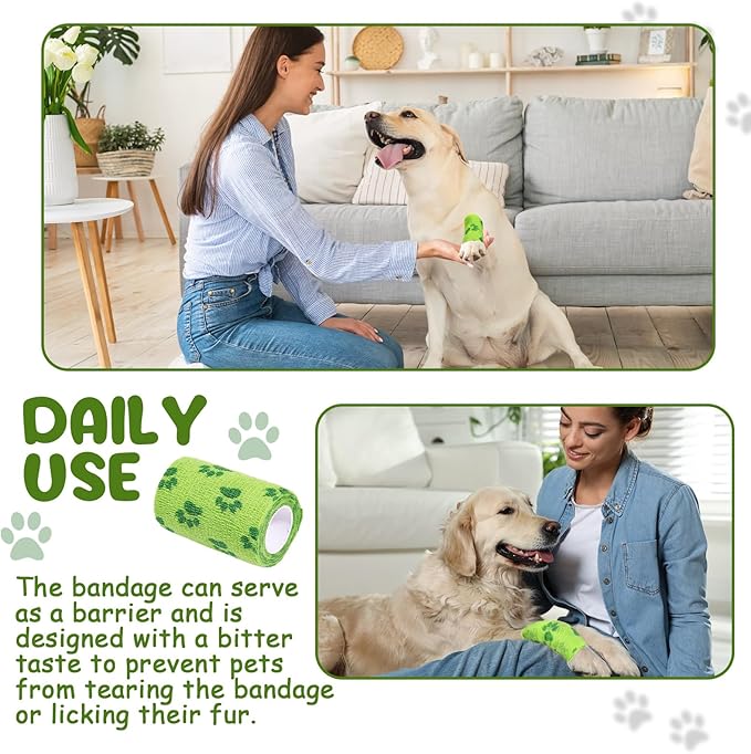 3 Rolls No Chew Bandage for Dogs Bitter Bandage Wrap for Dogs Wound Wrap (3 Inches X 5 yd,Green)