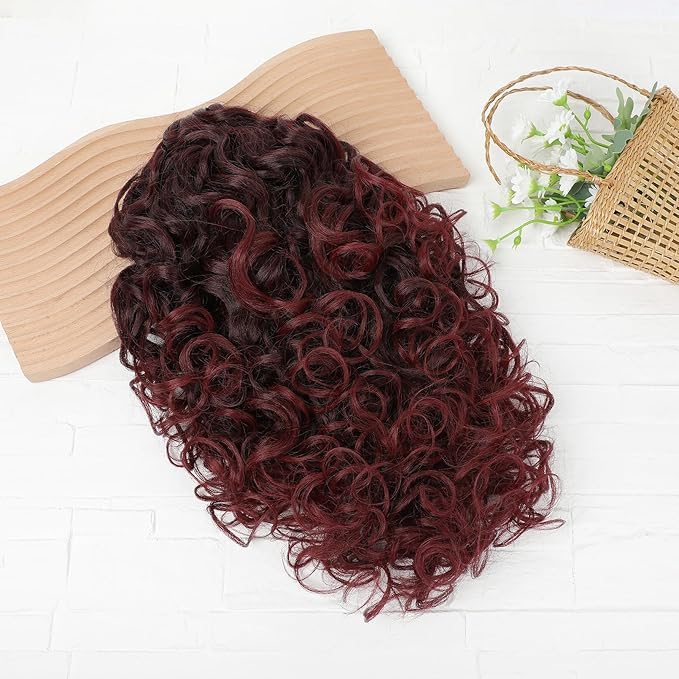 Flufymooz 100％ Pure Protein Ponytail Extension, 18 Inch Curly Claw Clip Ponytail Hair Extensions Natural Soft pony tail hairpiece for women-Wine Red