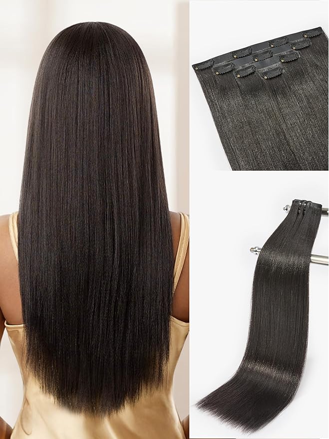 LUVME Yaki Straight Seamless 70g 4Pcs Clip in Hair Extensions Full Max with 18inch Remy Human Hair Clip ins Extensions, Natural Black 100% Real Soft Hair