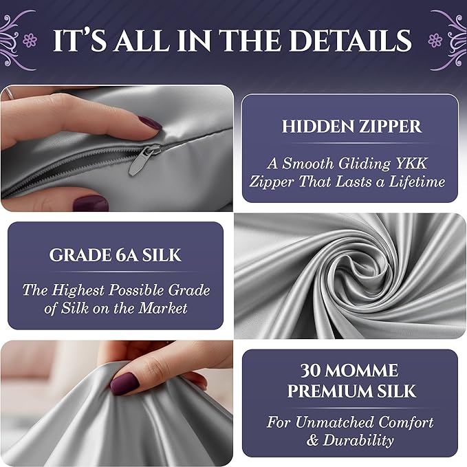 DECOLURE 100% Pure Mulberry Silk Pillow Case Standard Size – Highest Grade 30 Momme 6A+, Luxuriously Soft & Cooling Silk Pillowcase for Hair & Skin, Hypoallergenic, Breathable, Hidden Zipper (Silver)