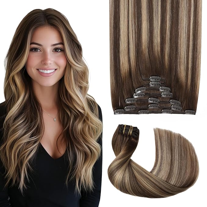 Pro2.0 Remy Real Human Hair Extensions Clip ins 120g Thick 7pcs #4/27/4 Chocolate Brown to Caramel Blonde Remy Clip in Hair Extensions Real Human Hair 16inch Double Weft（#4/27/4-16inch）