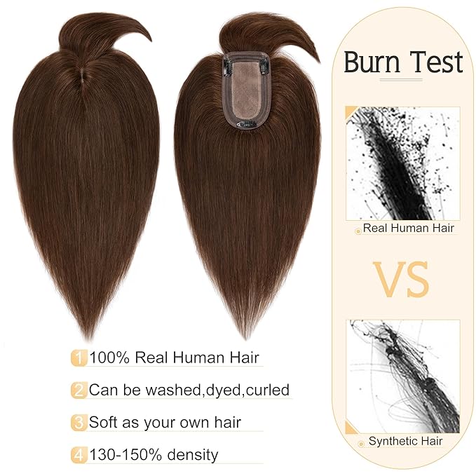 SEGO Hair Toppers for Women Real Human Hair With Bangs, 7 * 13CM Silk Base 100% Remy Human Hair Clip in Top Wiglet Hairpieces Add Volume -6 Inch Medium Brown
