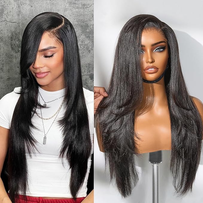 LUVME HAIR 7x6 All-Day Comfor Wig PartingMax Lace Wigs 200% Density Yaki Straight Lace Front Wigs Human Hair Pre Cut Plucked Lace Frontal Glueless 22 Inches Natural Black Color