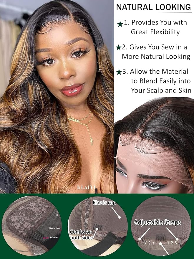 KLAIYI Ombre Brown Body Wave Lace Front Wigs Human Hair Highlight Balayage 13x4x1 T Part Ear to Ear Lace Wig Pre Plucked with Baby Hair Easy to Wear and Go Wigs for Black Women Natural Hairline 24Inch