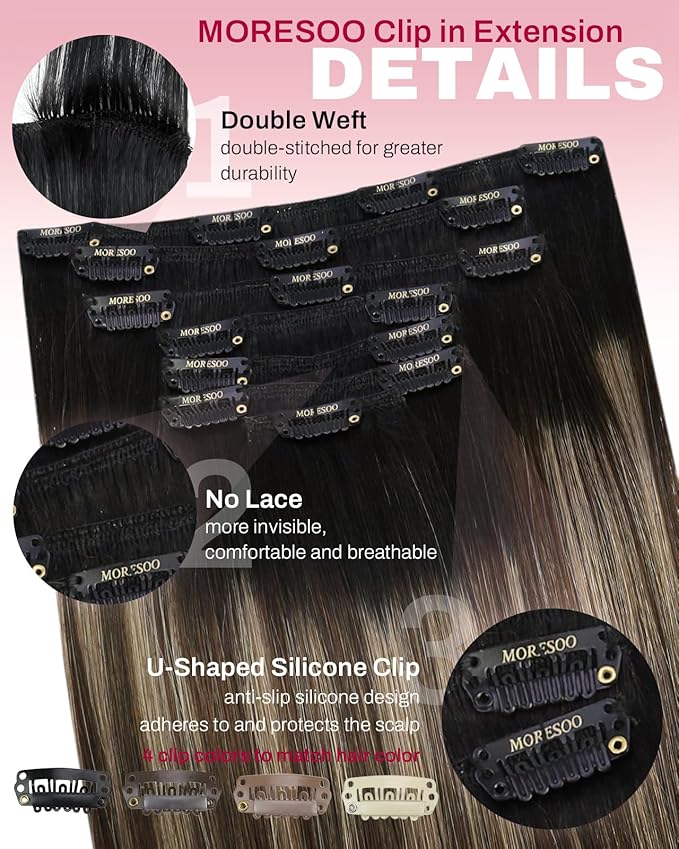 Moresoo Clip in Hair Extensions Remy Double Weft Human Hair Clip in Extensions Balayage Straight Hair Extensions for Women Ombre Black to Brown with Dark Blonde 7pcs 120g 22inch