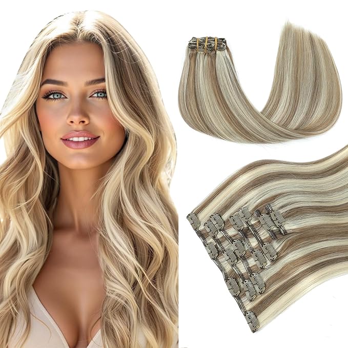 PINKPEARL Clip in Hair Extensions Straight Human Hair #8P60 Ash Brown Highlighted Platinum Blonde Clip in Extensions Remy Real Human Hair Extensions 7pcs 120g 18 Inch(#8P60-18)