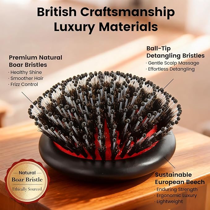 Boar Bristle Hair Brush Since 1965 British Craftsmanship, Handmade Natural Wood Slick Back Hairbrush, Soft Bristles Gentle Detangling Smoothing Women Men Kids Long Curly Thick,Thin, Fine Hair