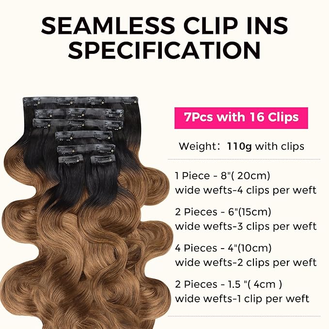 Lashey Seamless Clip in Hair Extensions Human Hair 110g 7pcs Body Wave Ombre Natural Black to Medium Auburn Real Human Hair Hair Extensions 24 Inch