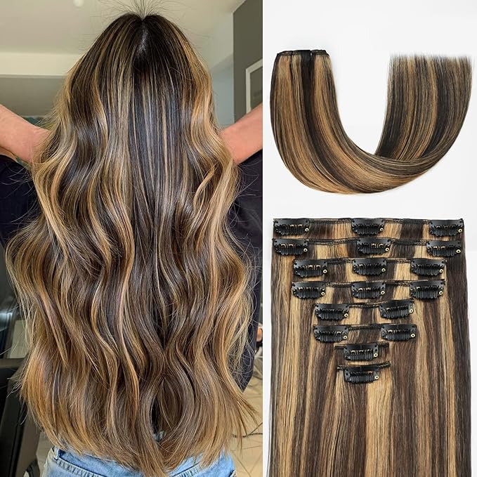 Clip in Hair Extensions Real Human Hair, 26 Inch 130g, 2/6 Dark Brown to Chestnut Brown, Invisible Seamless Remy Human Hair Clip in Extensions for Women 8pcs Per Set with Double Weft