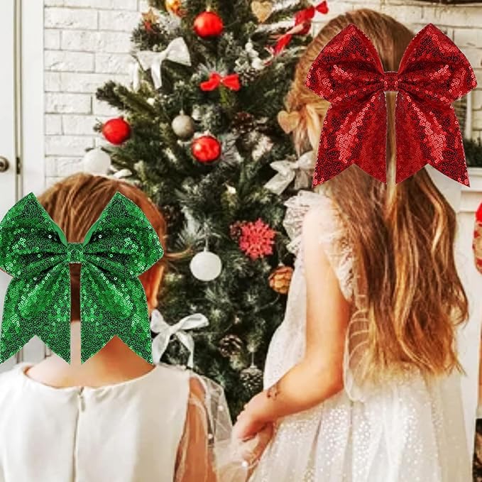 Large Big 7 Inch Glitter Bow Clip Sequin Bling Party Hair Accessories for Women Teens Girls Kids 2 Pcs (Red, Christmas Green)