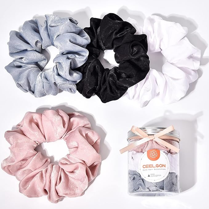 XL Big Silk Scrunchies Hair Ties for Women - CEELGON Oversized Black Satin Silk Scrunchie Exra Large Jumbo Gaint Soft Pink Chiffon Cute Scrunchy for Curl Thick Hair 4 Pack (Black White)