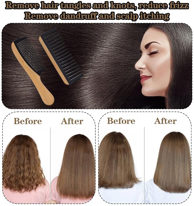 2Pcs Bamboo Wide Tooth Comb, Bamboo Fine & Wide Tooth Comb Anti-Static for Thick & Wavy Hair for Men Women Durable Eco-Friendly Natural Wood Finish, Ideal for Detangler Frizz Control