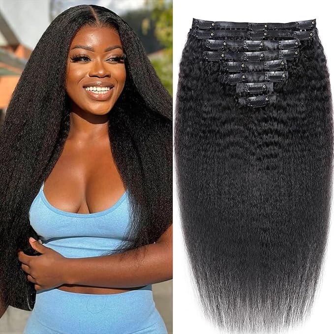 New Seamless Kinky Straight Clip In Hair Extension Real Human Hair 16 Inch PU Weft Kinky Straight Clip Ins Human Hair Clip on Hair Extensions 8pcs with 18Clips Per Set 120g