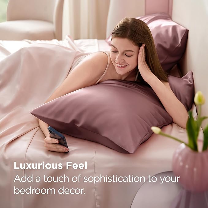 Bedsure Satin Pillowcase for Hair and Skin Queen - Silky Pillowcase 2 Pack with Envelope Closure, Similar to Silk Pillow Cases, Gifts for Women Men, Nostalgia Rose, 20x30 Inches, 2pcs
