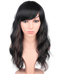 Black Wavy Wig With Brown Highlights For Women - Medium Long Synthetic Wig With Bangs For Daily Use (Black With Brown Highlights)