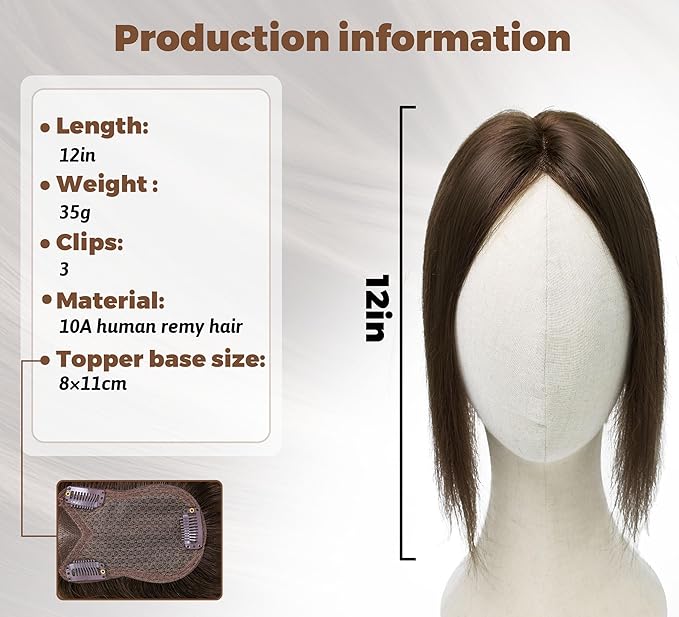 8x11cm Breathable Hair Topper, 12 inches 35g 120% Density Real Human Hair, 3 Non-Slip BB Clips, Wearable on Left, Right & Middle Part, Versatile Styling for Hair Loss & Volume Boost (Brown)