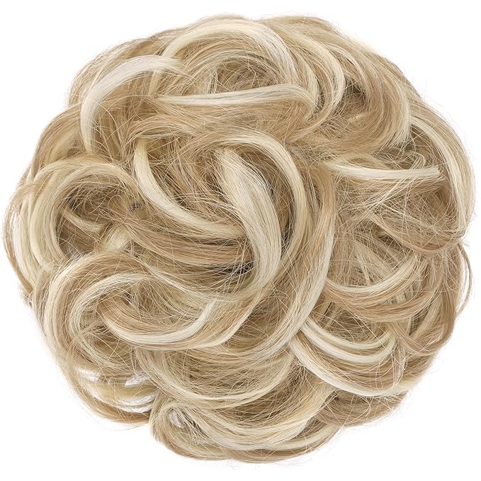 FESHFEN Messy Bun Hair Piece - Elastic Wavy Curly Hair Bun Scrunchies Extensions Synthetic Chignon Hairpieces for Women Girls, Dirty Blonde 1.5 oz