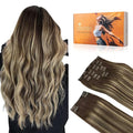 DOORES Clip in Human Hair Extensions, Balayage Chocolate Brown to Honey Blonde 24 Inch 9pcs 150g, Real Hair Clip ins Thick Silky Straight