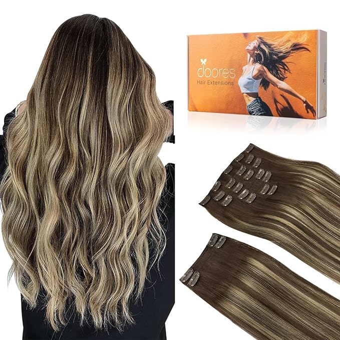 DOORES Clip in Hair Extensions - Real Human Remy Hair, Balayage Chocolate Brown to Honey Blonde, 150g 18 Inch 9pcs, Thick Extensions