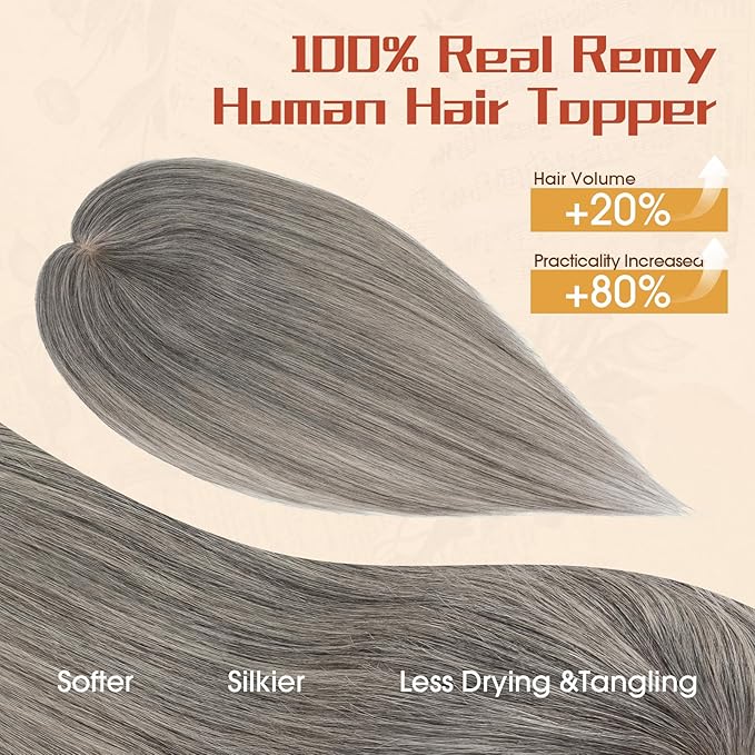 Rich Choices Human Hair Toppers for Women-100% Real Remy Hair Topper No Bang-Upgraded 150% Density 9 * 12CM Lace Base-Clip in Hairs Topper for Thinning Hairs-10Inch #G2 Grey