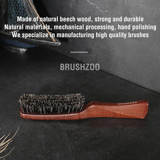 BRUSHZOO Hair Brush, Boar Bristle Hair Brush for Women Men Short Thin Fine Hair, Beech Handle Hairbrush for Hair Detangle Smooth