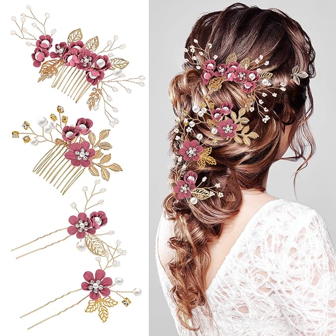 Wedding Flower Hair Accessories for Women: 4pcs Leaf and Flower Hair Combs for Women Accessories - Crystal Pearl Wedding Flower Clips Headpiece for Brides Bridesmaids Girls Updo (Rosy)