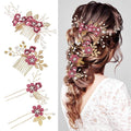 Wedding Flower Hair Accessories for Women: 4pcs Leaf and Flower Hair Combs for Women Accessories - Crystal Pearl Wedding Flower Clips Headpiece for Brides Bridesmaids Girls Updo (Rosy)