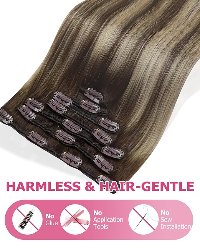 YoungSee 135G Clip in Human Hair Extensions Brown Balayage Hair Extensions Clip ins Chocolate Brown with Ash Blonde Invisible Clip on Brown Hair Extension Long-Lasting Add Volume 18Inch 7Pcs