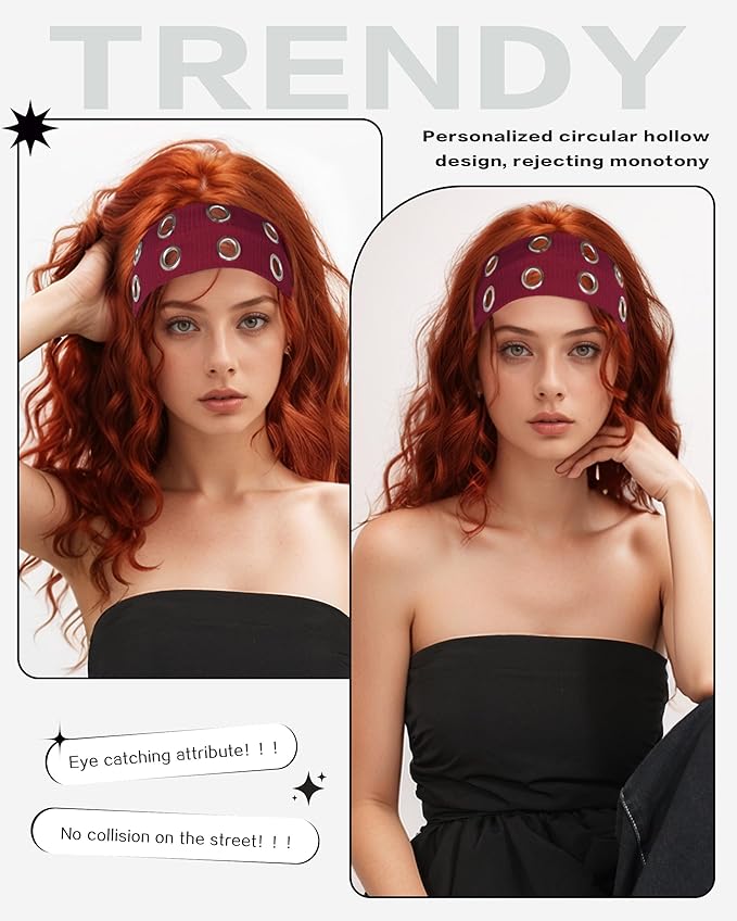 Grommet Headband for Women, Wide Burgundy 20cm Hollow Out Elastic Hair Band, Eyelets Punk Grunge Stylish Hairband
