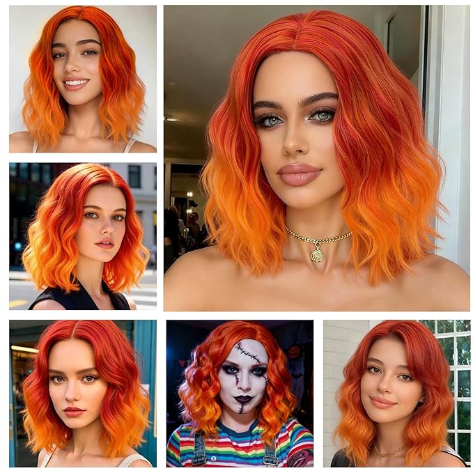 BUFASHION 14" Women Short Orange Kinky Straight Cosplay Synthetic Wigs With Air Bangs 46 Colors Available (Orange)