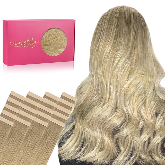 WENNALIFE Tape in Hair Extensions Human Hair, 20pcs 50g 24 inch Balayage Dirty Blonde to White Blonde Remy Hair Extensions Straight Human Hair Tape in Extensions Skin Weft Tape Extensions Human Hair