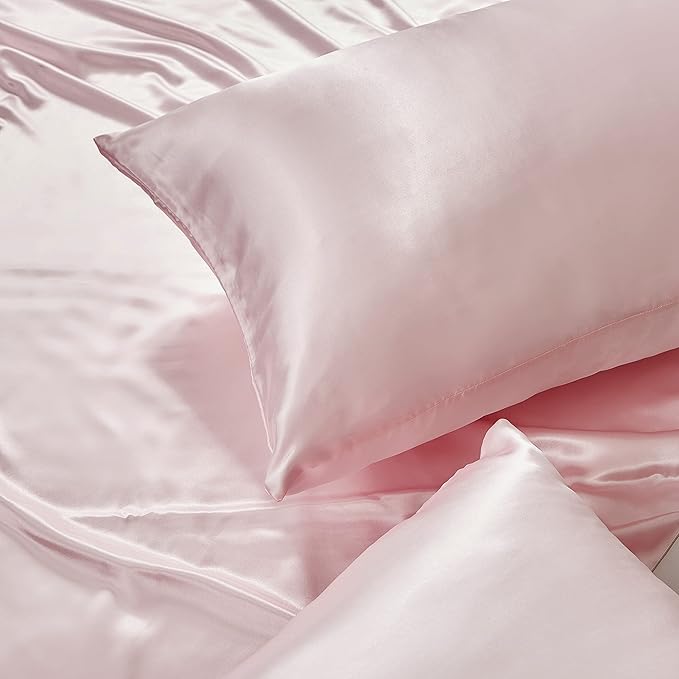 Pink Satin Pillowcase Queen Size Set of 2 for Hair and Skin,Pink Silk Pillowcase Breathable Pillowcase with Envelope Closure