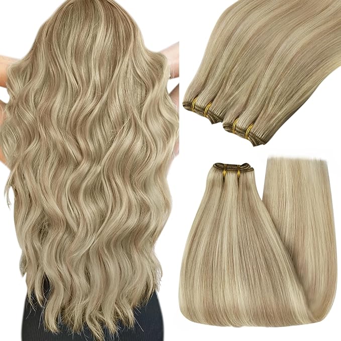 YoungSee 100G Weft Hair Extensions Human Hair Short Hair Weft Extensions Golden Blonde Highlighted Light Blonde Sew in Hair Extensions Real Human Hair for Short Hair 14Inch