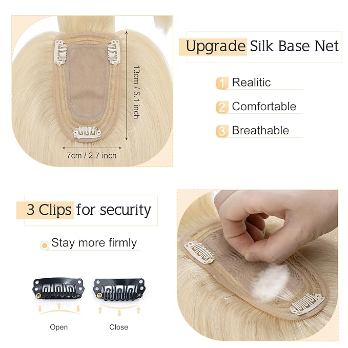 SEGO Hair Toppers for Women Real Human Hair With Bangs, 7 * 13CM Silk Base 100% Remy Human Hair Clip in Top Wiglet Hairpieces Add Volume -14 Inch Platinum Blonde