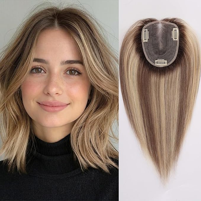 starluck Human Hair Topper for Women with Thinning Hair, 100% Real Human Hairpiece, 4.6 * 4 Inch Upgrade SilkHug Swiss Lace Base Hairpiece,14 Inch, No Bangs (Ombre Ash Blonde)