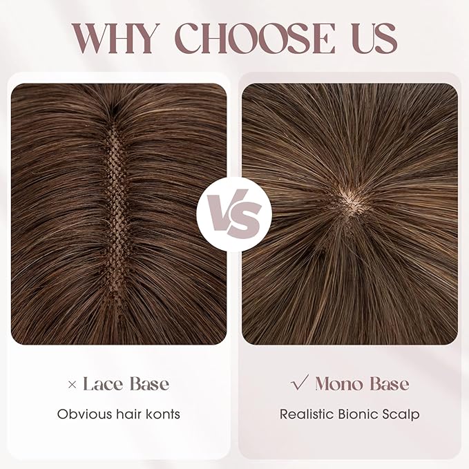 MY-LADY Human Hair Toppers for Women Real Human Hair with Bangs Thin 8.5 * 8.5CM Mono Base Clip in Remy Hairpieces Light Weight 14 Inch Medium Brown Mixed Dark Blonde