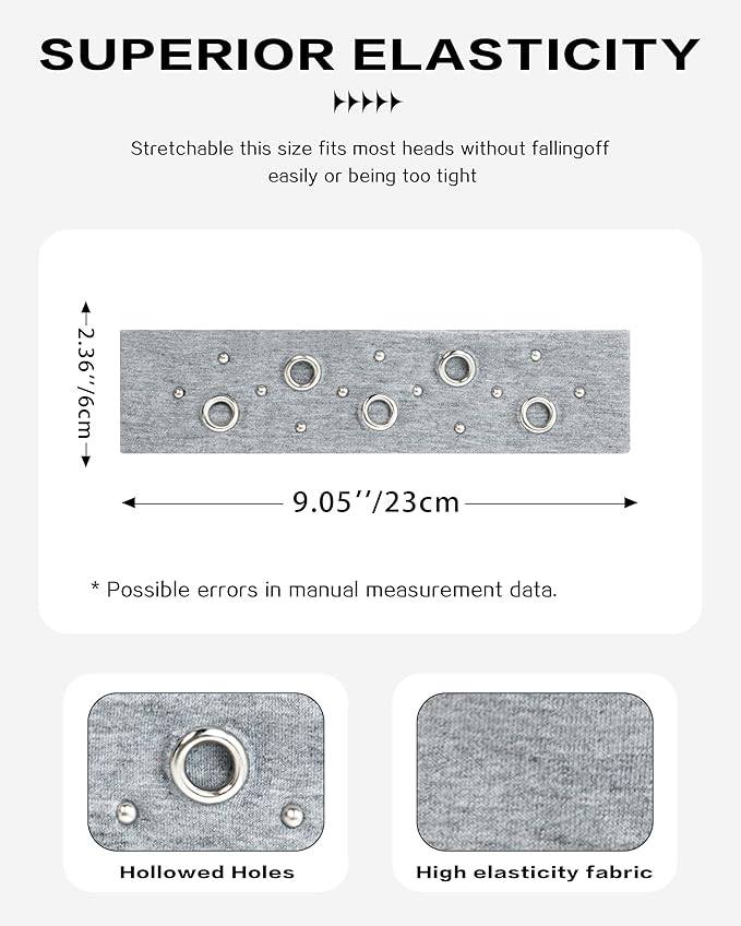 Grommet Headband for Women, Gray Round Studs 23cm Hollow Out Elastic Hair Band, Eyelets Punk Grunge Stylish Hairband