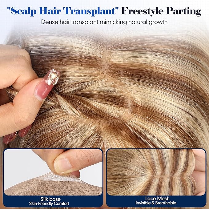 HAIRCUBE Hair Toppers For Women With Thinning 5"*5" Large Base Real Hair Toppers For Women, 14 Inch For Hand-Woven, 60g, Silk, Natural, Realistic, Use Daily, Hairloss,Brown Mixed Blonde, No bangs