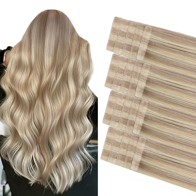 COOKAYU Invisible Tape in Hair, Ash Blonde and Platinum Blonde Seamless Injected Tape in Human Hair Extensions 20pcs/pack 22Inch 50g Invisi Edge Extensions