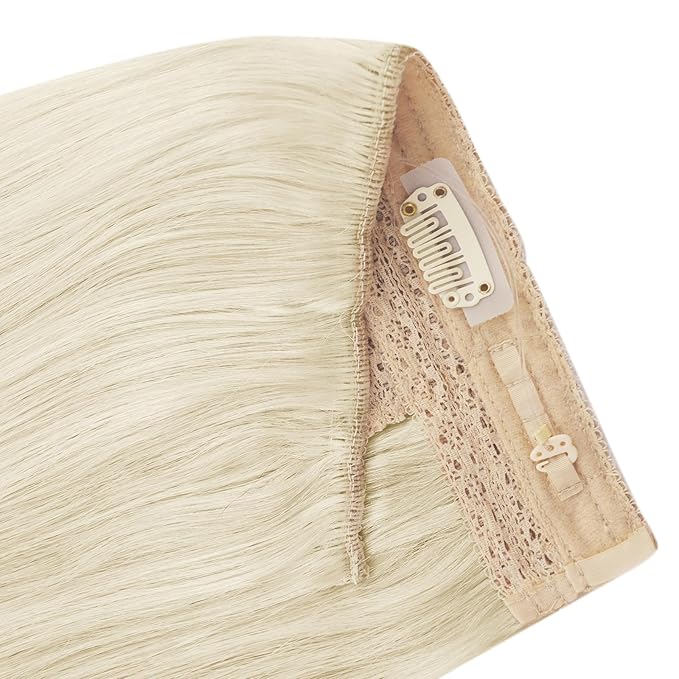 YoungSee Wire Human Hair Extensions Platinum Blonde Hair Extensions Invisible Wire Long Straight Hair Fish Line Extensions Dyable Remy Hair 100G 20 Inch