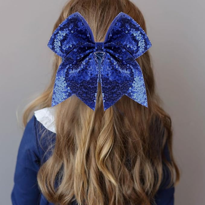 Large Glitter Cheer Bows Clips, Jumbo Big 7 Inch Cheerleading Sequin Hair Bow Hair Accessories for Teens Girls Football Sports Cheerleader Outfit Uniform (Royal Blue)