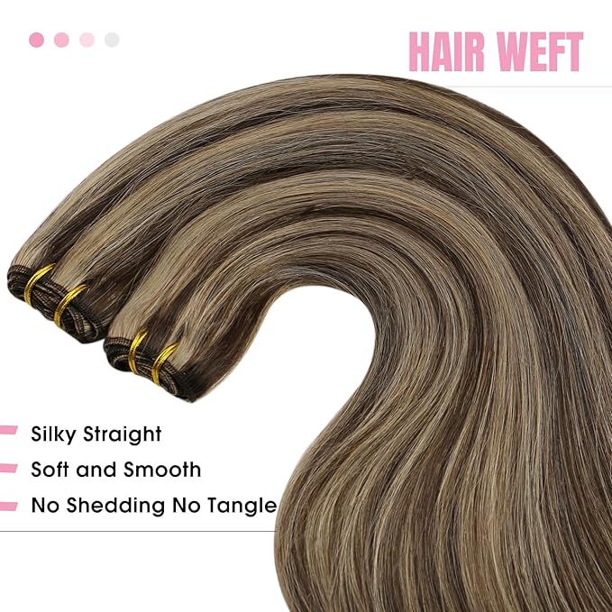 YoungSee Hair Extensions Weft Brown Highlights Sew in Hair Extensions Real Human Hair Dark Brown Mix Caramel Blonde Human Hair Weft Extensions for Women 18Inch 100G