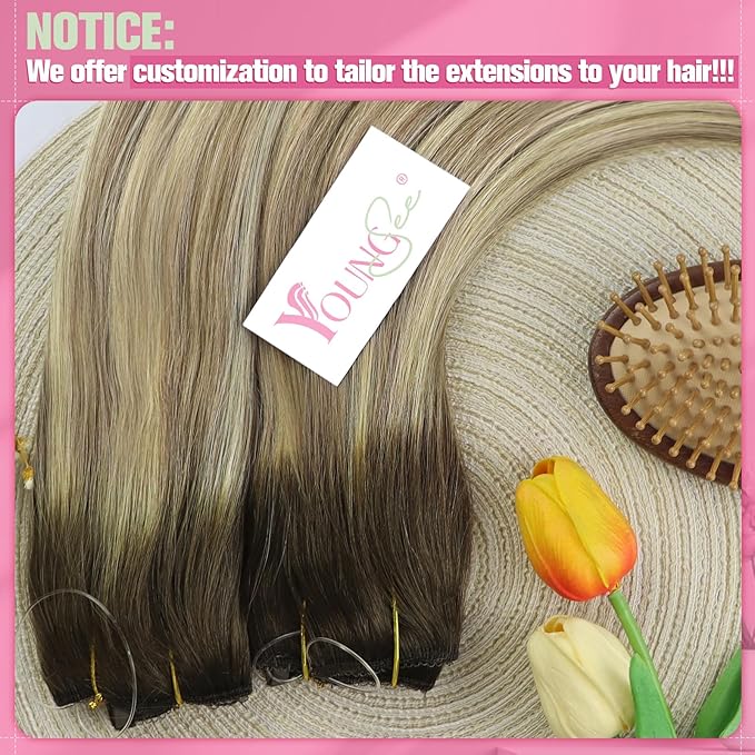 YoungSee Wire Human Hair Extensions Brown Blonde Invisible Wire Hair Extensions Real Human Hair Walnut Brown Ombre Blonde Highlight Remy Human Hair Fish Line Extensions 14Inch 80G
