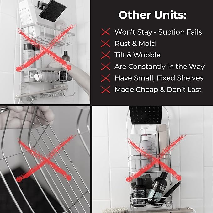 ShowerSMART Rust Resistant Hygienic Shower Caddy – Hanging Bathroom Organizer with Adjustable Shelves, Easy Clean Trays & Magnetic Hooks for DIY Remodels & Shower Niches - Black
